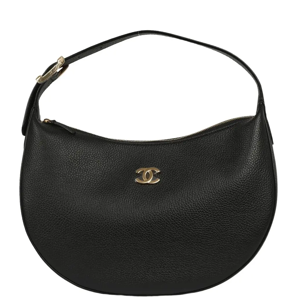 Chanel Chanel Round Top Handle Hobo Bag Black Grained Calfskin Gold Hardware