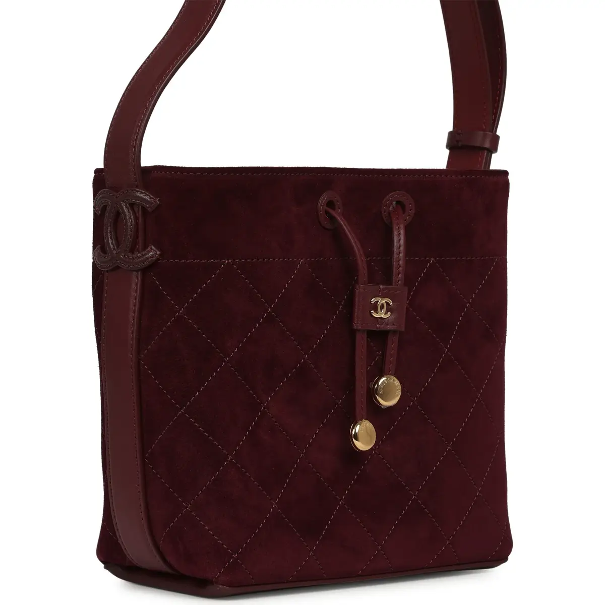 Chanel Chanel Small "CC Loop" Drawstring Bucket Bag with Leather Strap Dark Burgundy Suede, Calfskin Gold Hardware | Thumbnail 2