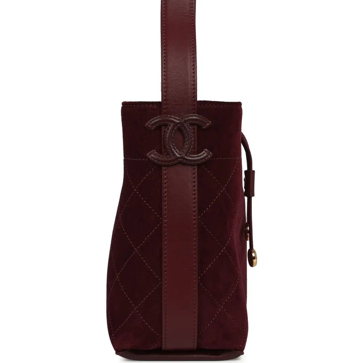 Chanel Chanel Small "CC Loop" Drawstring Bucket Bag with Leather Strap Dark Burgundy Suede, Calfskin Gold Hardware | Thumbnail 3
