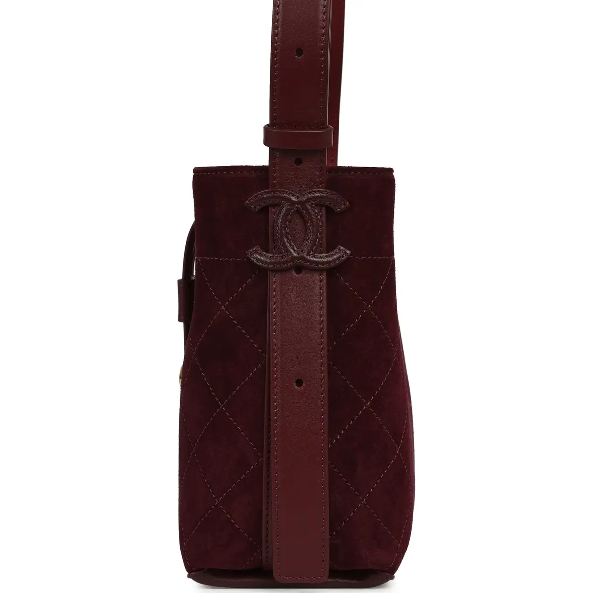 Chanel Chanel Small "CC Loop" Drawstring Bucket Bag with Leather Strap Dark Burgundy Suede, Calfskin Gold Hardware | Thumbnail 5