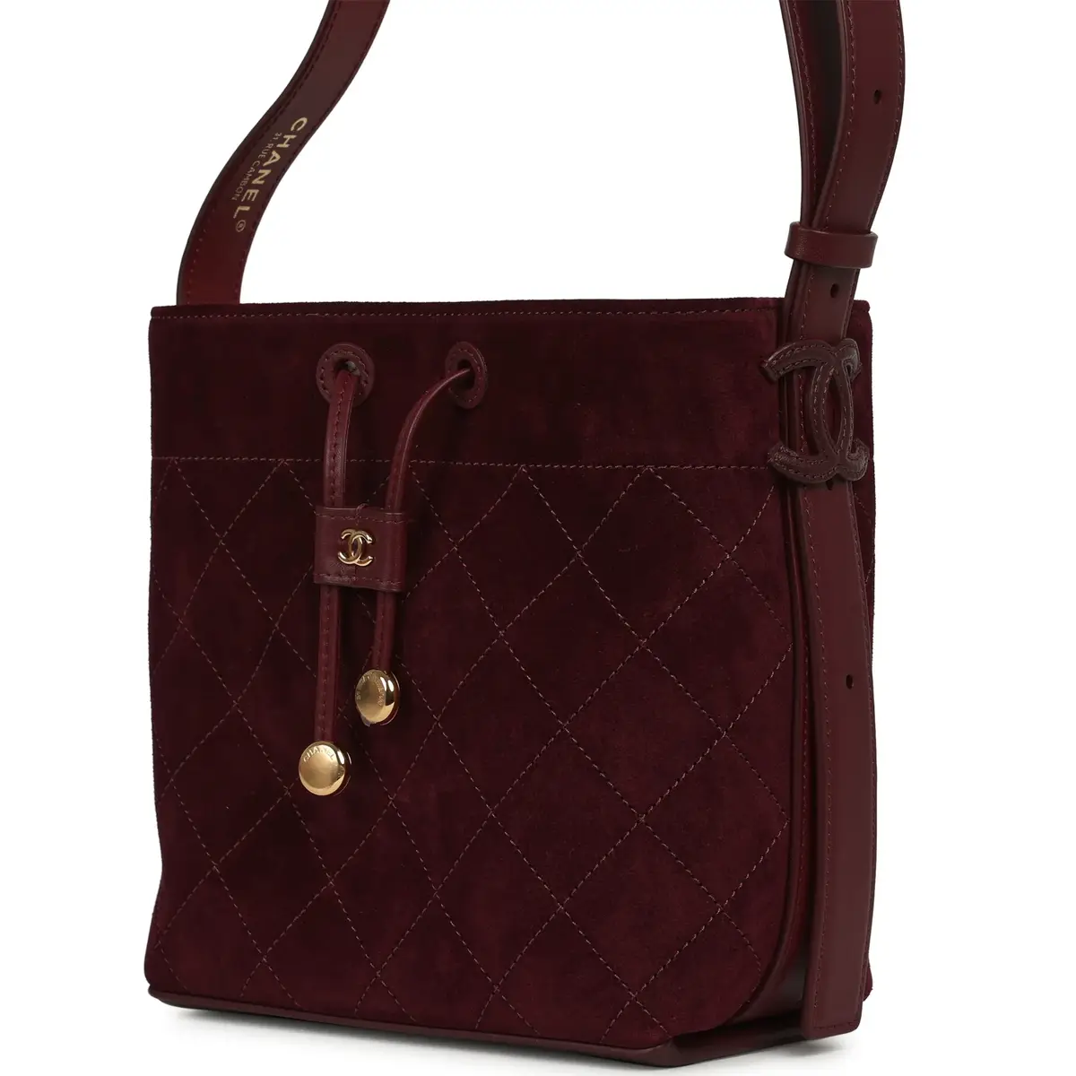 Chanel Chanel Small "CC Loop" Drawstring Bucket Bag with Leather Strap Dark Burgundy Suede, Calfskin Gold Hardware | Thumbnail 6