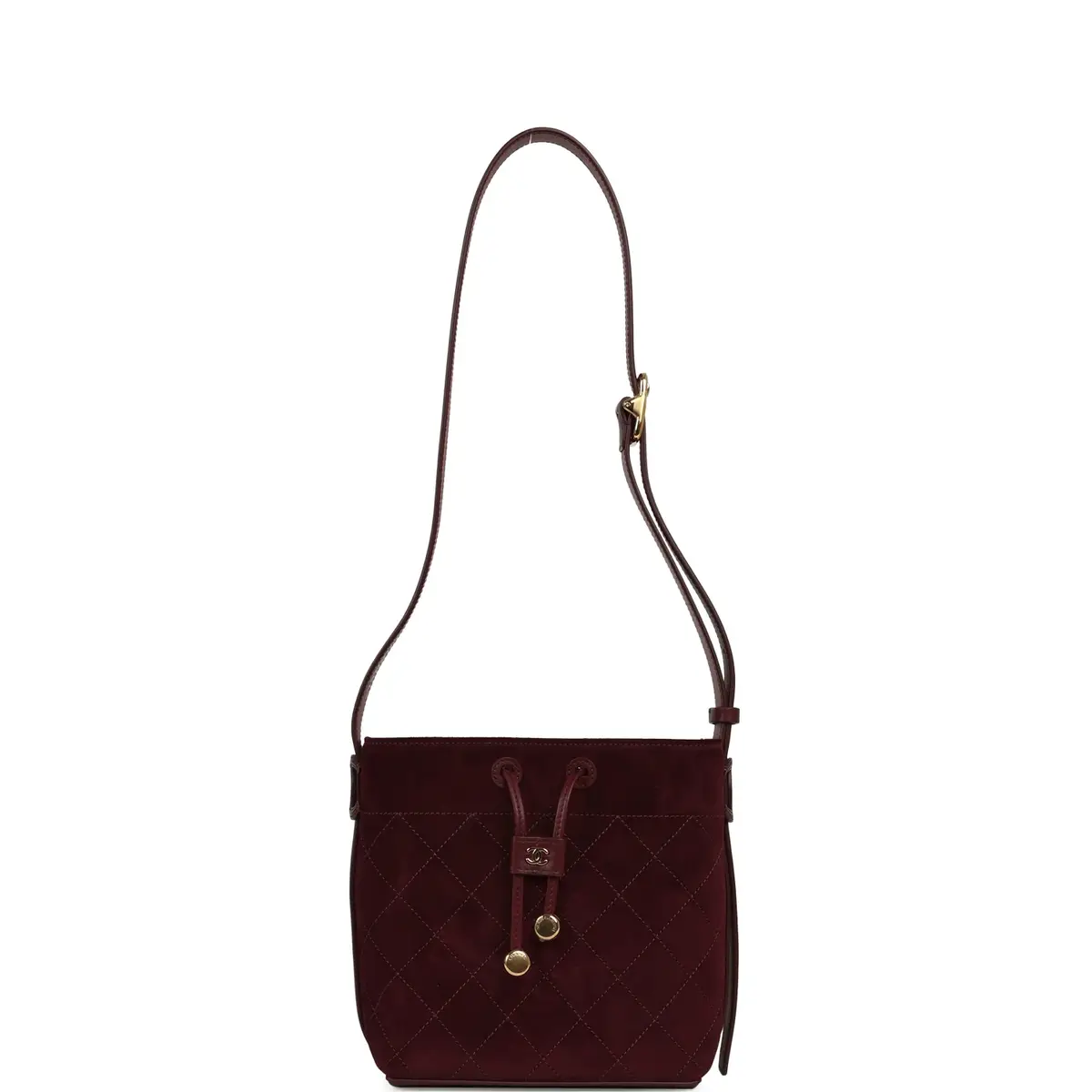 Chanel Chanel Small "CC Loop" Drawstring Bucket Bag with Leather Strap Dark Burgundy Suede, Calfskin Gold Hardware | Thumbnail 7