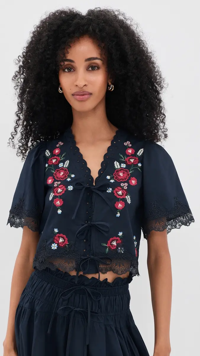 Moon River Embroidered Floral Tie Front Blouse | Thumbnail 2 Moon River Embroidered Floral Tie Front Blouse | Thumbnail 2