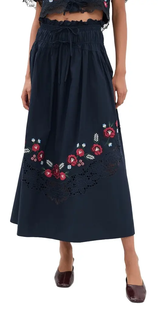 Moon River Embroidered Floral Elasticated Midi Skirt