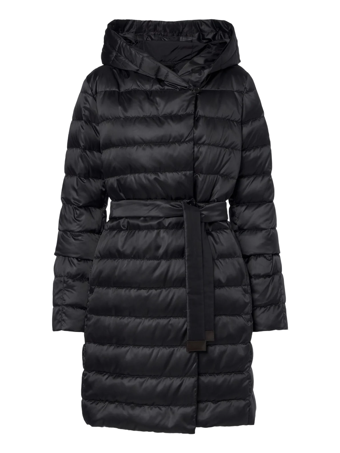 Belted hooded puffer coat