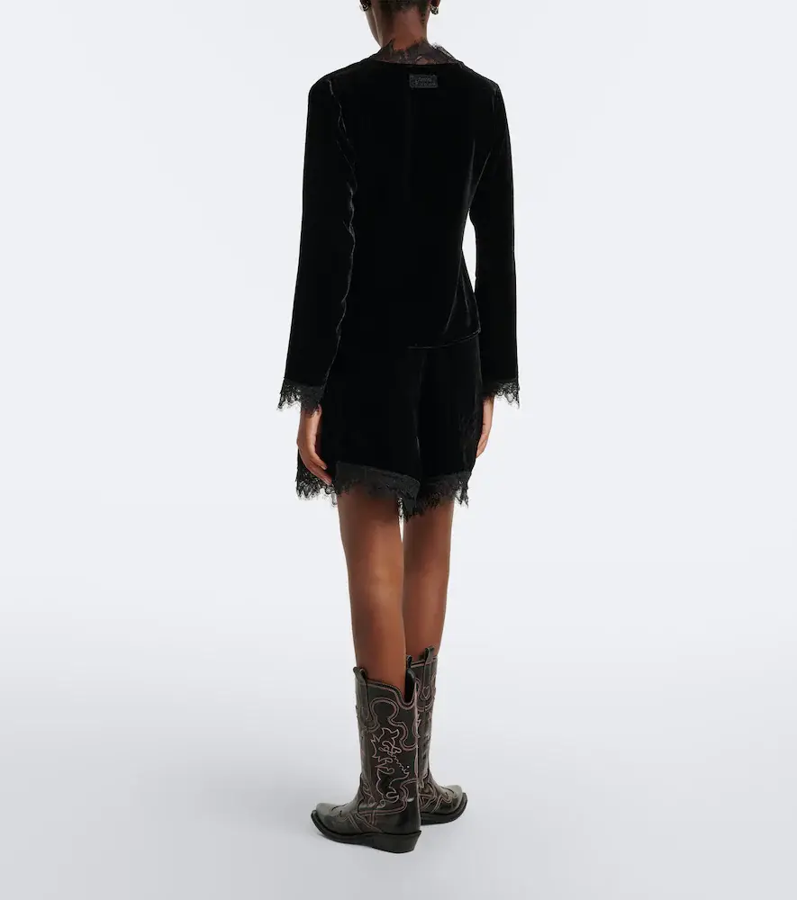 Ganni Lace-trimmed velvet shorts | Thumbnail 2 Ganni Lace-trimmed velvet shorts | Thumbnail 2