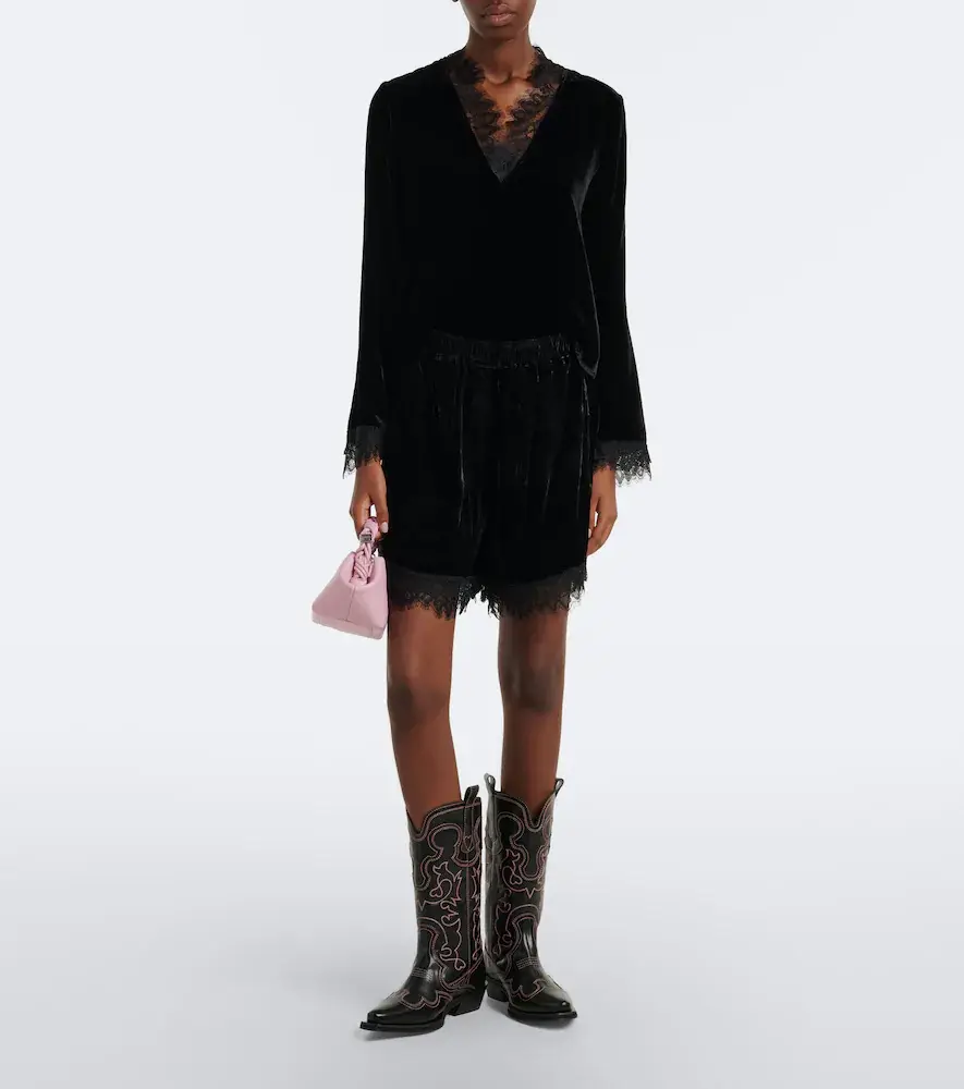 Ganni Lace-trimmed velvet shorts | Thumbnail 4 Ganni Lace-trimmed velvet shorts | Thumbnail 4