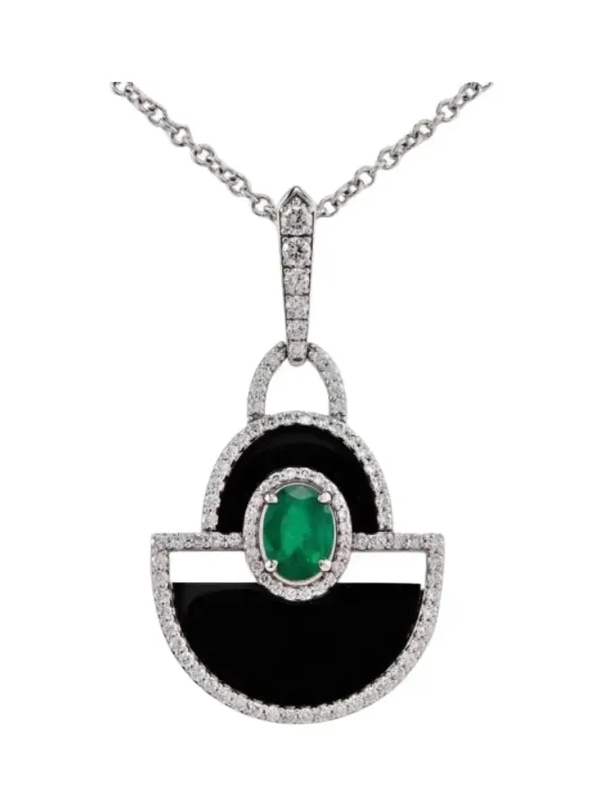 1.324ct Emerald Diamond Black Onyx 18K Gold Pendant