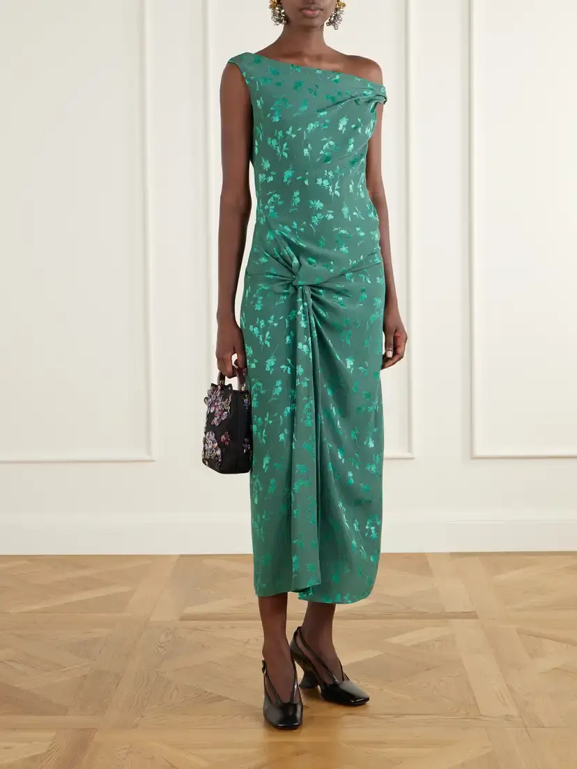 Dries Van Noten Floral-jacquard Knot-detail Satin Midi Dress | Thumbnail 2 Dries Van Noten Floral-jacquard Knot-detail Satin Midi Dress | Thumbnail 2