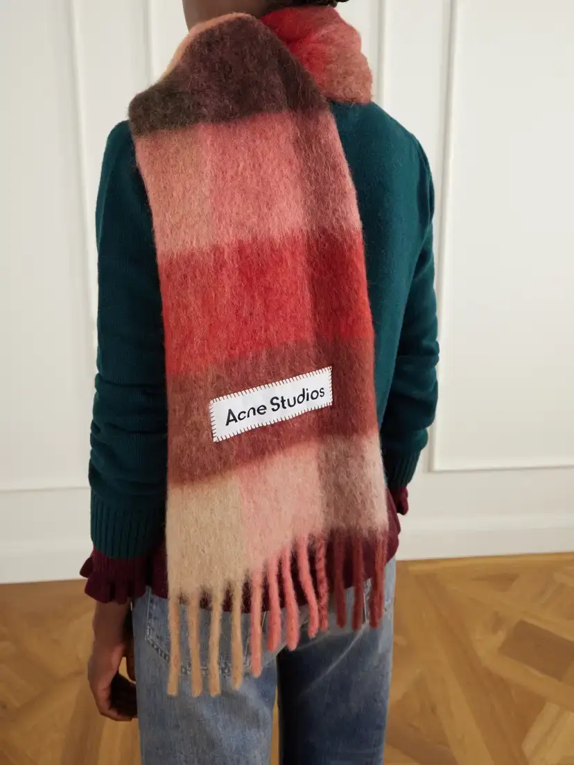 Acne Studios Fringed Checked Brushed Alpaca, Wool And Mohair-blend Scarf | Thumbnail 2 Acne Studios Fringed Checked Brushed Alpaca, Wool And Mohair-blend Scarf | Thumbnail 2