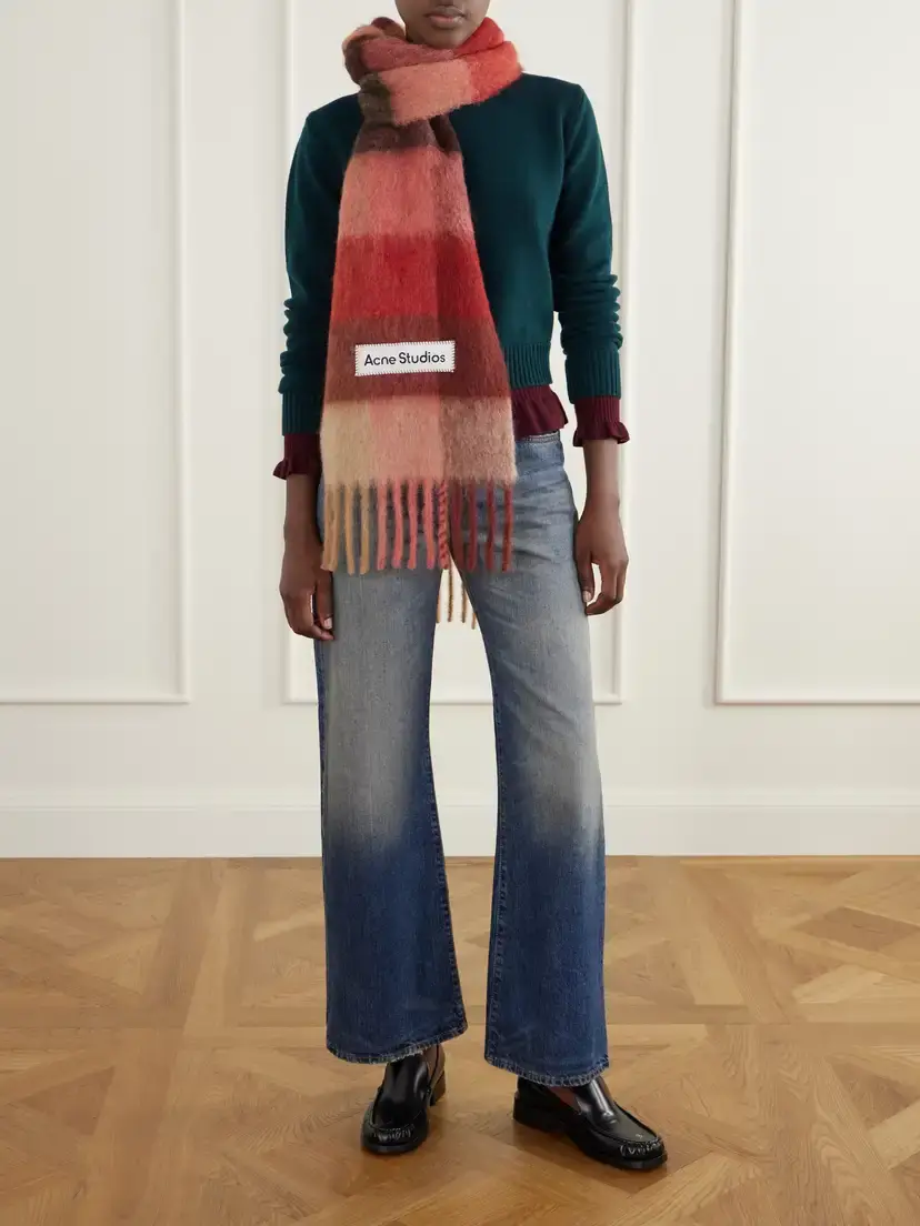 Acne Studios Fringed Checked Brushed Alpaca, Wool And Mohair-blend Scarf | Thumbnail 3 Acne Studios Fringed Checked Brushed Alpaca, Wool And Mohair-blend Scarf | Thumbnail 3