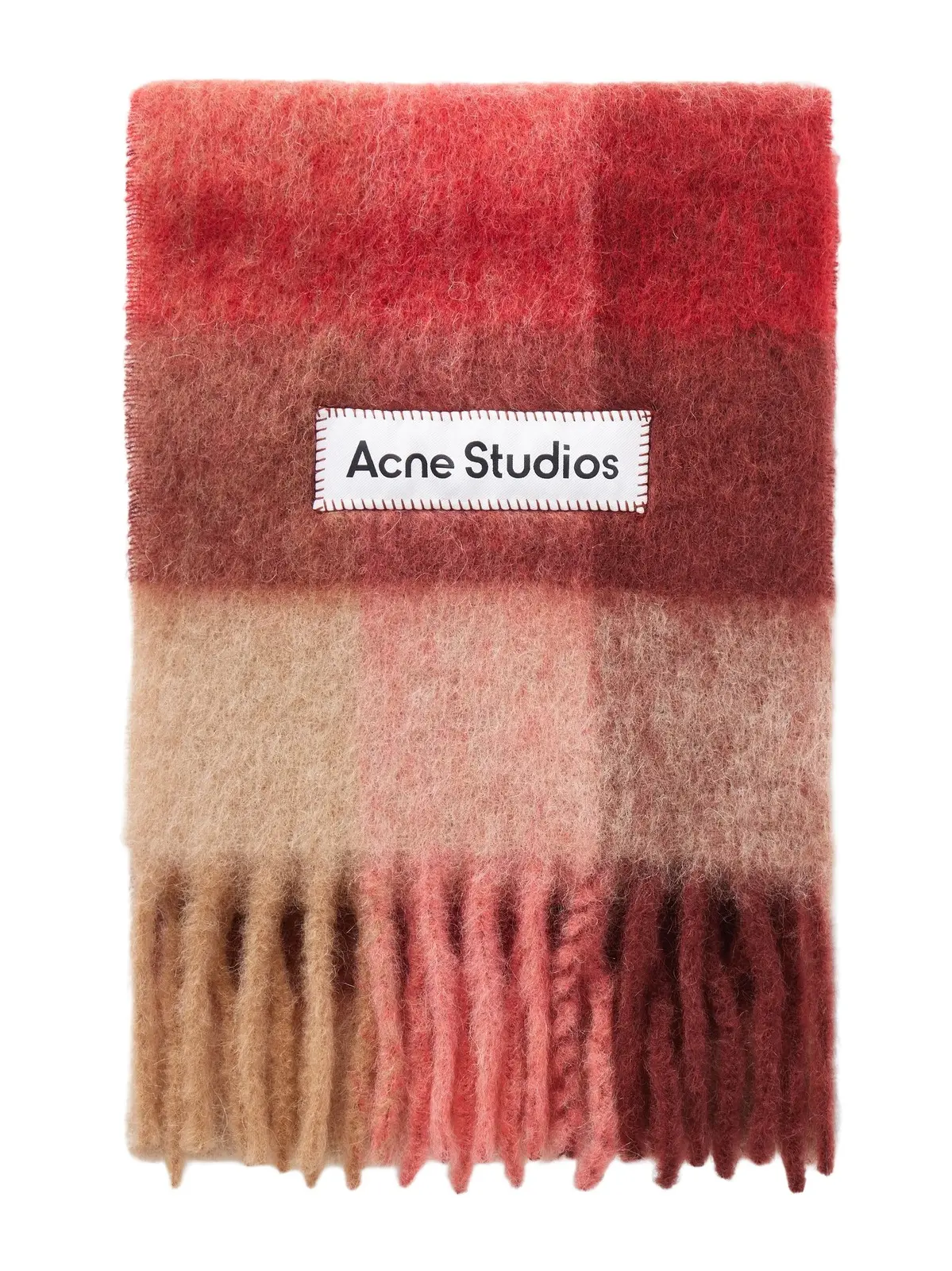 Acne Studios Fringed Checked Brushed Alpaca, Wool And Mohair-blend Scarf - Red