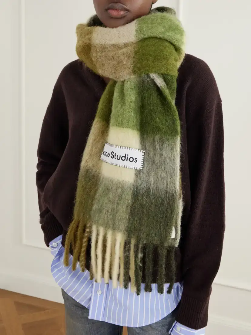 Acne Studios Fringed Checked Brushed Alpaca, Wool And Mohair-blend Scarf | Thumbnail 2 Acne Studios Fringed Checked Brushed Alpaca, Wool And Mohair-blend Scarf | Thumbnail 2