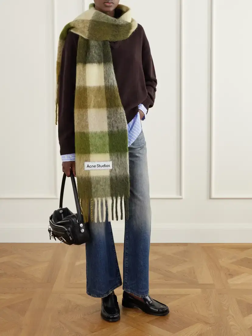 Acne Studios Fringed Checked Brushed Alpaca, Wool And Mohair-blend Scarf | Thumbnail 3 Acne Studios Fringed Checked Brushed Alpaca, Wool And Mohair-blend Scarf | Thumbnail 3