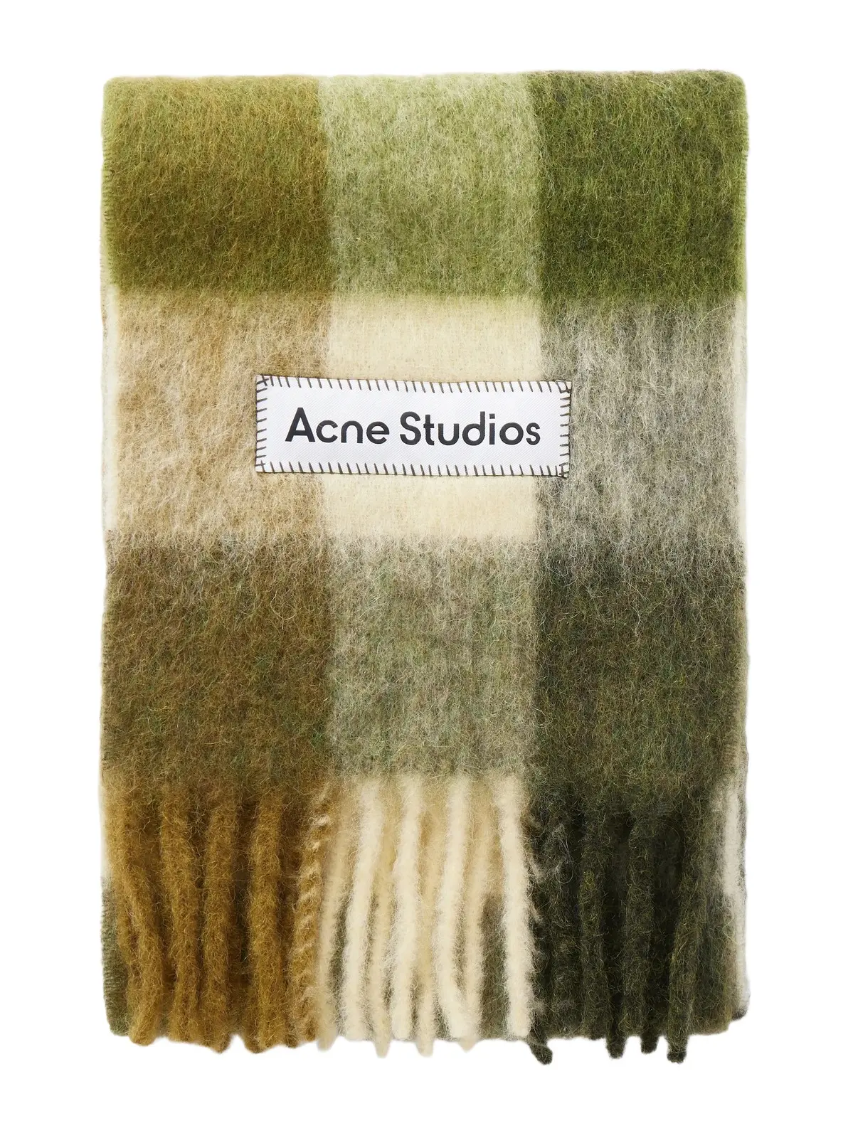 Acne Studios Fringed Checked Brushed Alpaca, Wool And Mohair-blend Scarf - Green