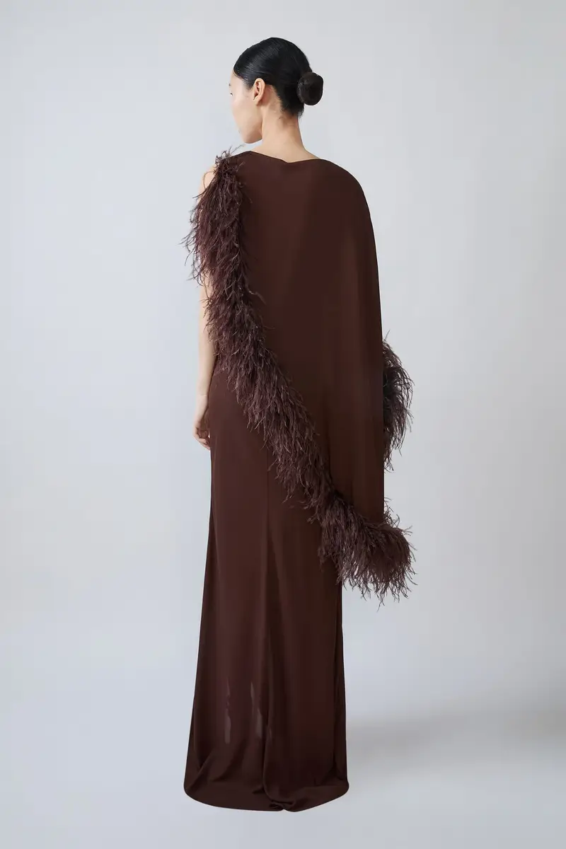 Lapointe Georgette Asymmetric Draped Gown With Feathers | Thumbnail 2