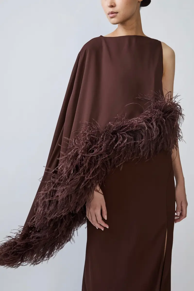Lapointe Georgette Asymmetric Draped Gown With Feathers | Thumbnail 3