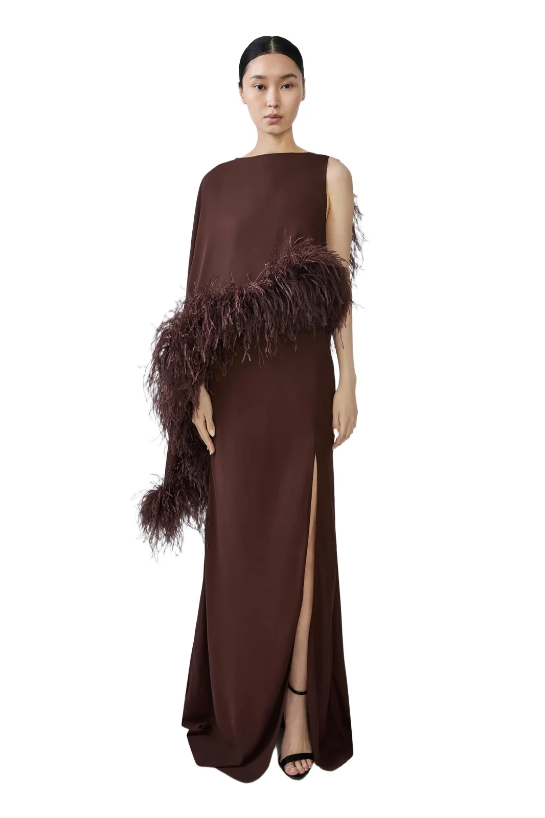 Georgette Asymmetric Draped Gown With Feathers