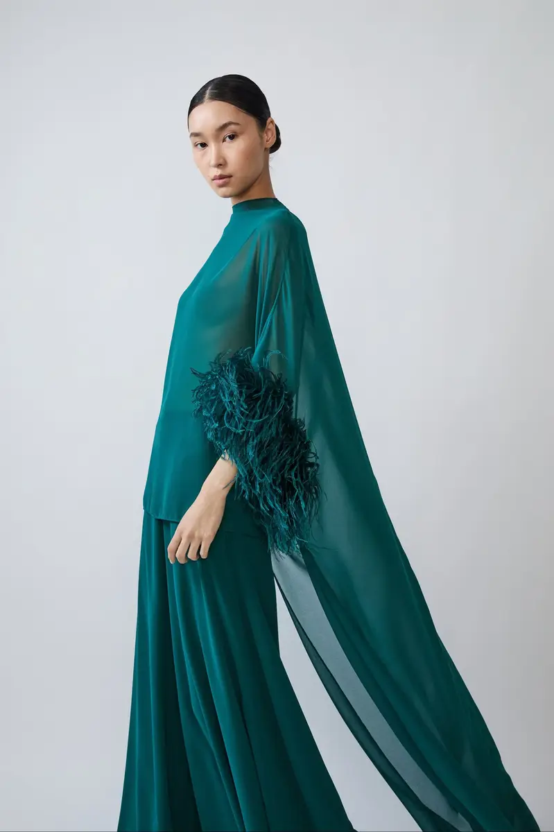 Lapointe Lightweight Georgette High Low Top With Feathers | Thumbnail 3