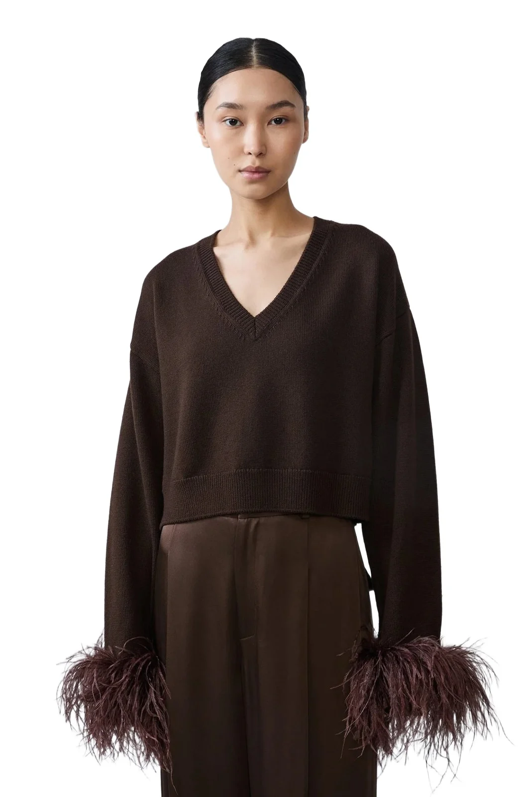 Merino Cropped V-Neck Sweater with Classic Feathers Merino Cropped V-Neck Sweater with Classic Feathers