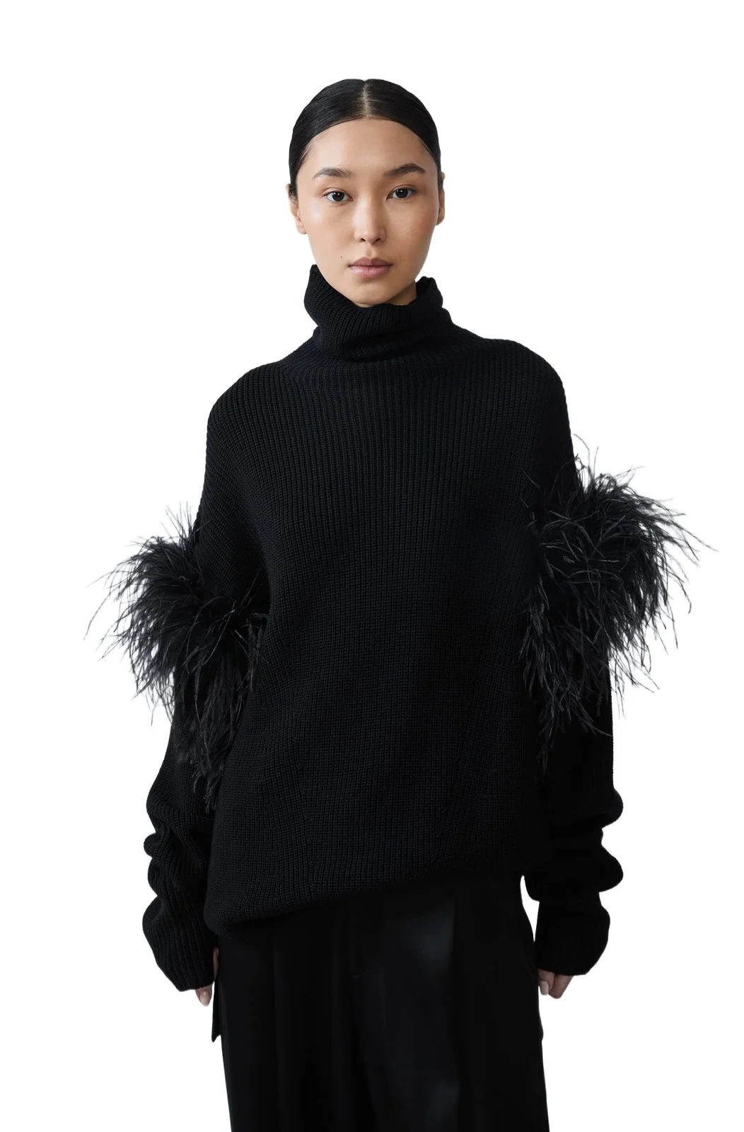 Merino Turtleneck Sweater With Feather Trim