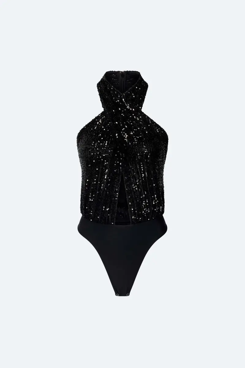 Lapointe Mini Stretch Sequin Halter Cutout Bodysuit | Thumbnail 3