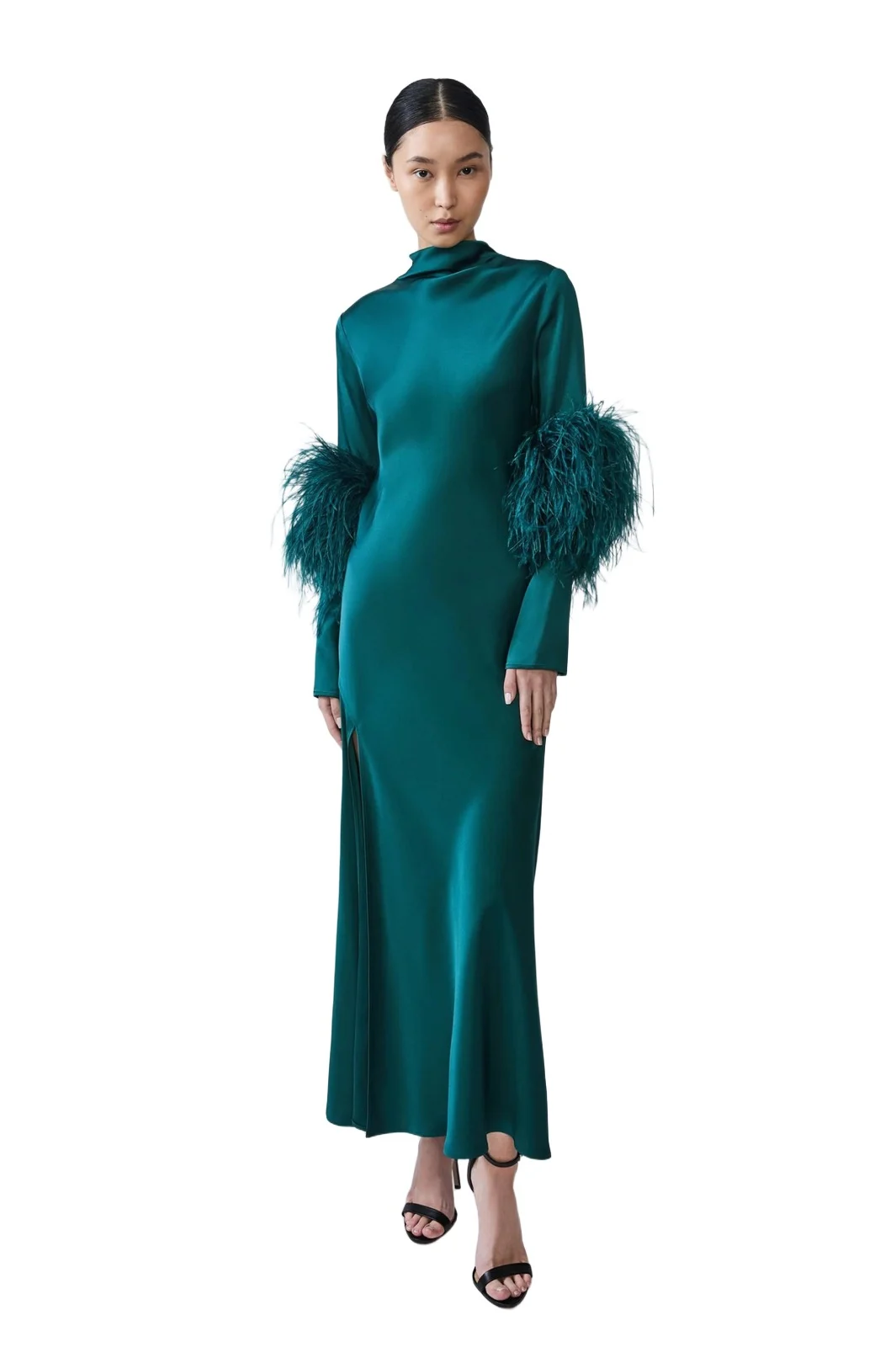 Satin Draped Neck Bias Dress With Feathers
