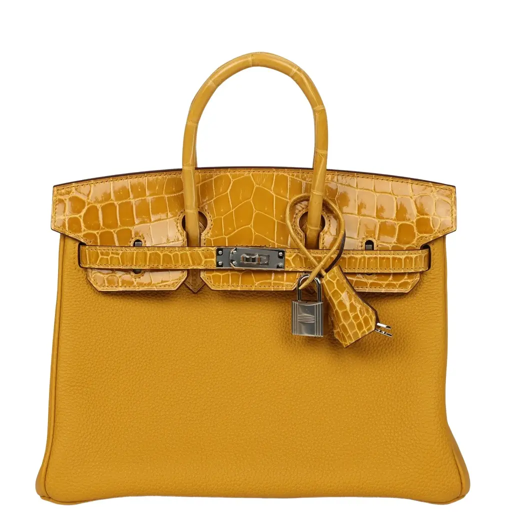 HERMÈS Hermes Birkin 25 Jaune Ambre Togo, Shiny Porosus Crocodile Touch Palladium Hardware