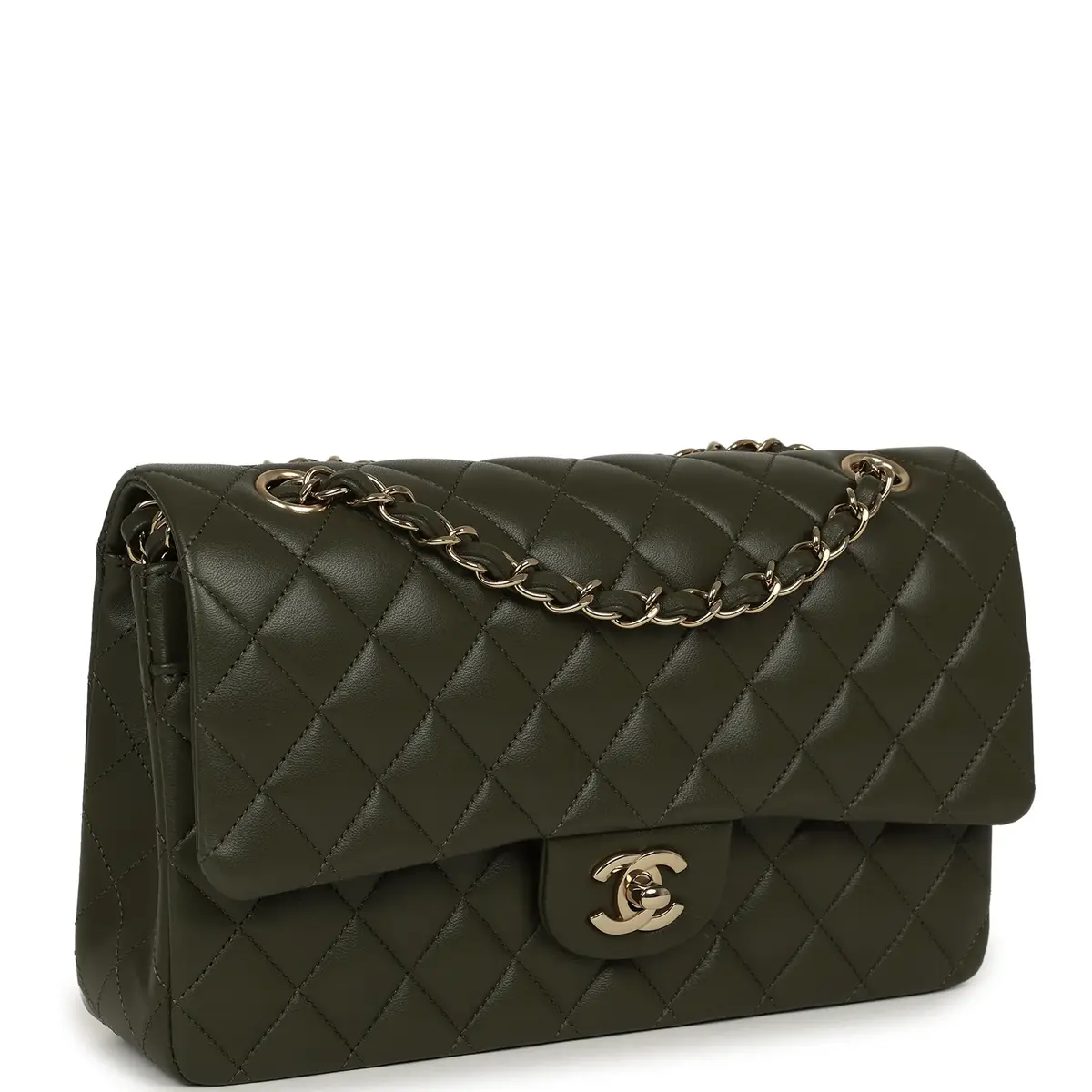 Chanel Pre-owned Chanel Medium Classic Double Flap Bag Khaki Lambskin Gold Hardware | Thumbnail 2 Chanel Pre-owned Chanel Medium Classic Double Flap Bag Khaki Lambskin Gold Hardware | Thumbnail 2