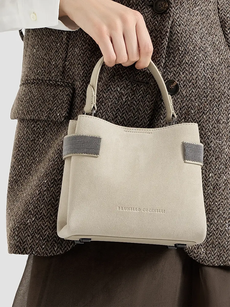 Brunello Cucinelli Women's Essence Small Top Handle Bag in Suede with Precious Bands - Ivory | Thumbnail 2 Brunello Cucinelli Women's Essence Small Top Handle Bag in Suede with Precious Bands - Ivory | Thumbnail 2