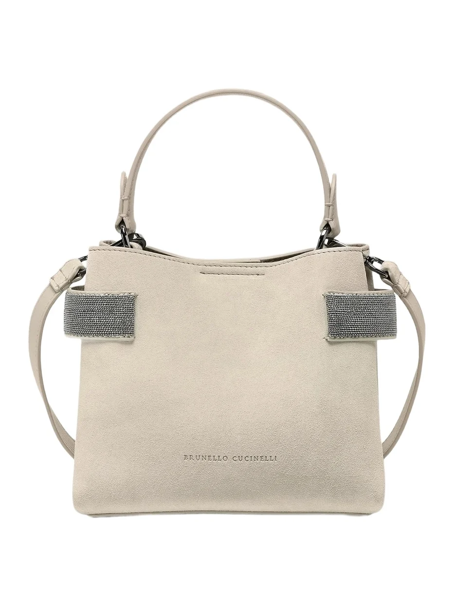 Women's Essence Small Top Handle Bag in Suede with Precious Bands - Ivory Women's Essence Small Top Handle Bag in Suede with Precious Bands - Ivory