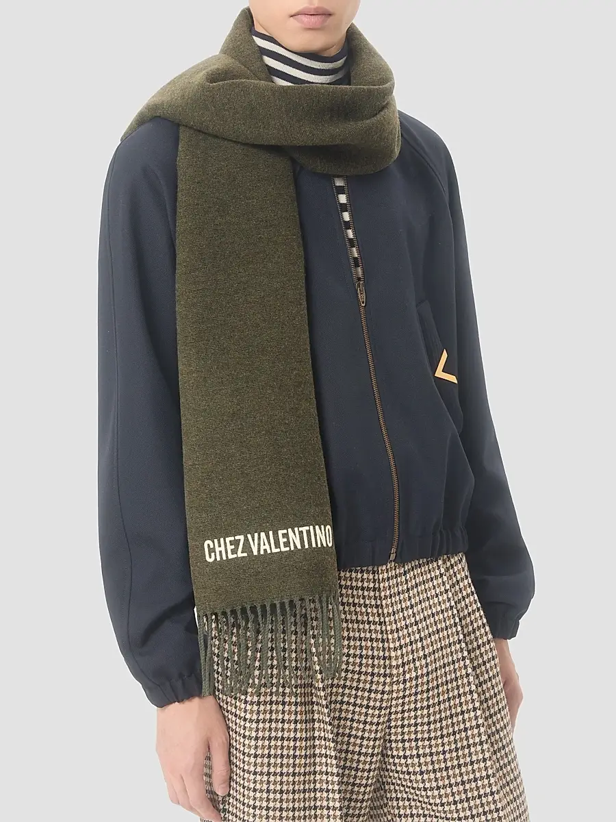 Valentino Men's Wool Scarf with Chez Embroidery - Military Green | Thumbnail 2 Valentino Men's Wool Scarf with Chez Embroidery - Military Green | Thumbnail 2