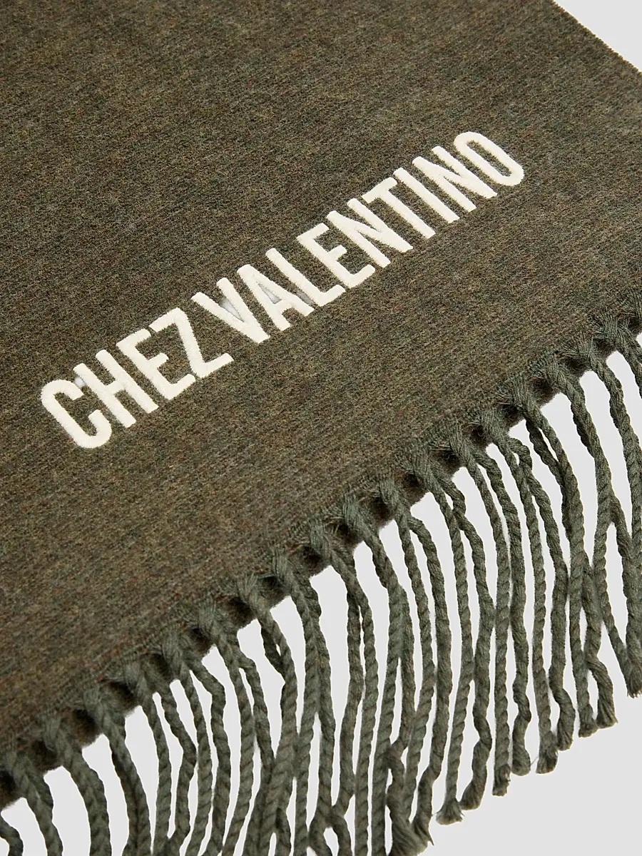 Valentino Men's Wool Scarf with Chez Embroidery - Military Green | Thumbnail 3 Valentino Men's Wool Scarf with Chez Embroidery - Military Green | Thumbnail 3