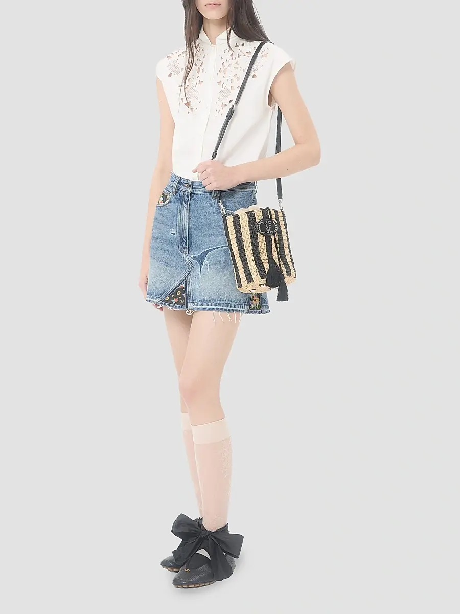 Valentino Women's Small Bucket Bag in Striped Raffia - Natural Black | Thumbnail 2