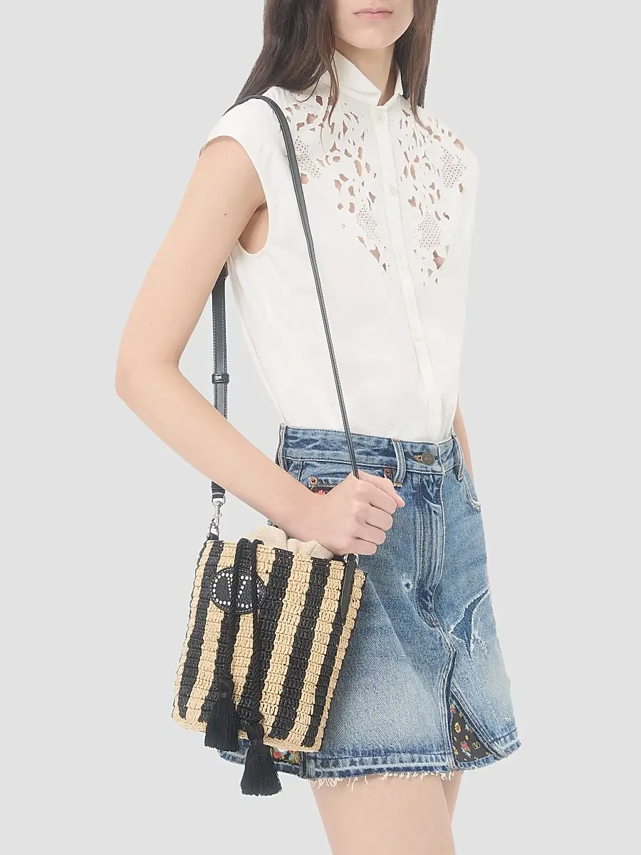 Valentino Women's Small Bucket Bag in Striped Raffia - Natural Black | Thumbnail 3