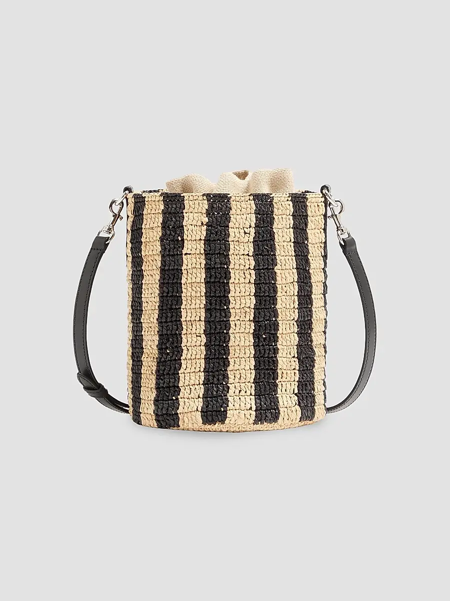 Valentino Women's Small Bucket Bag in Striped Raffia - Natural Black | Thumbnail 4