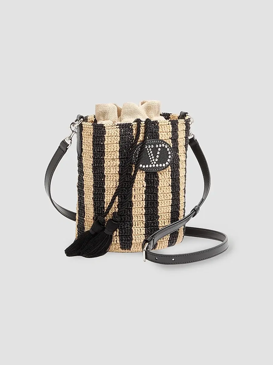 Valentino Women's Small Bucket Bag in Striped Raffia - Natural Black | Thumbnail 5