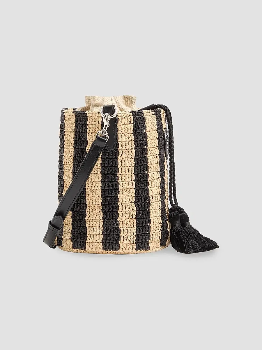 Valentino Women's Small Bucket Bag in Striped Raffia - Natural Black | Thumbnail 6