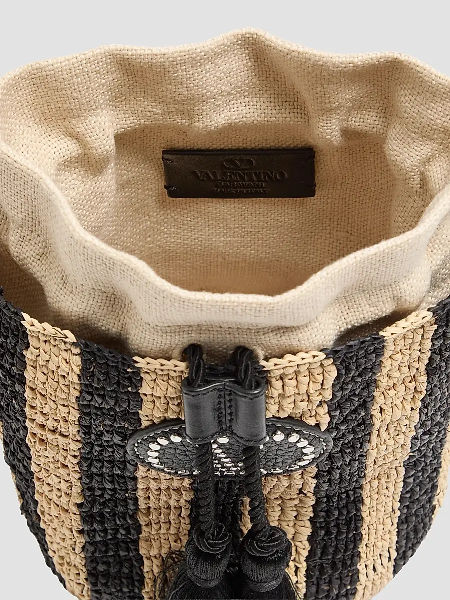 Valentino Women's Small Bucket Bag in Striped Raffia - Natural Black | Thumbnail 7