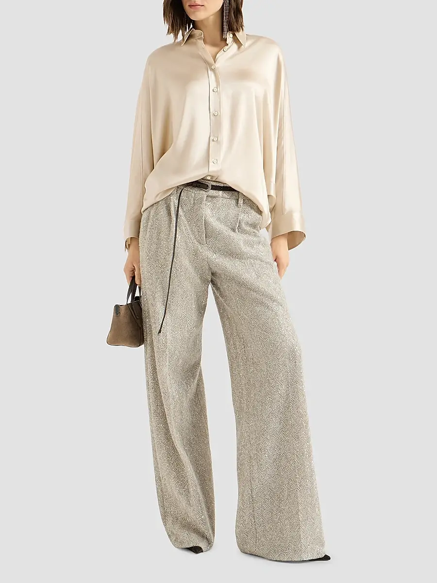 Brunello Cucinelli Women's Stretch Silk Satin Shirt with Monili - Sand | Thumbnail 2