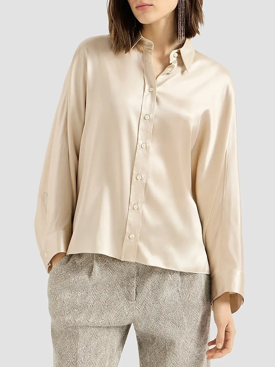 Brunello Cucinelli Women's Stretch Silk Satin Shirt with Monili - Sand | Thumbnail 3