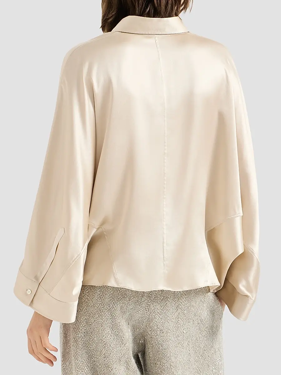 Brunello Cucinelli Women's Stretch Silk Satin Shirt with Monili - Sand | Thumbnail 4