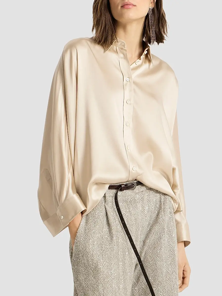 Brunello Cucinelli Women's Stretch Silk Satin Shirt with Monili - Sand | Thumbnail 5