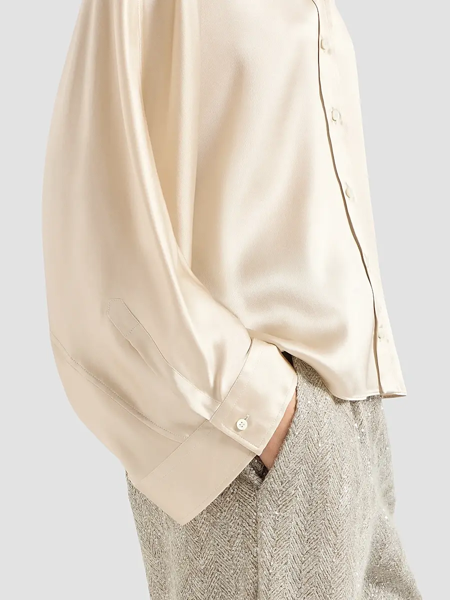 Brunello Cucinelli Women's Stretch Silk Satin Shirt with Monili - Sand | Thumbnail 6