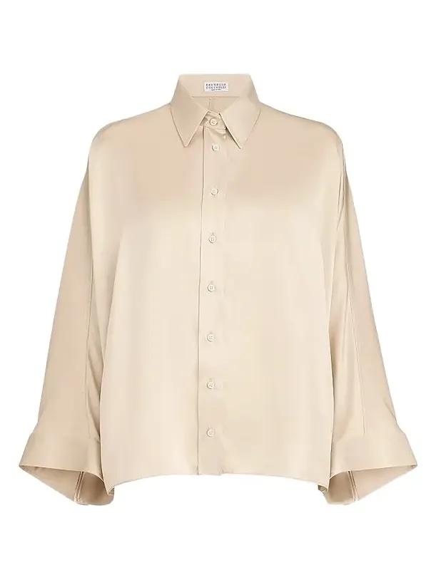Women's Stretch Silk Satin Shirt with Monili - Sand