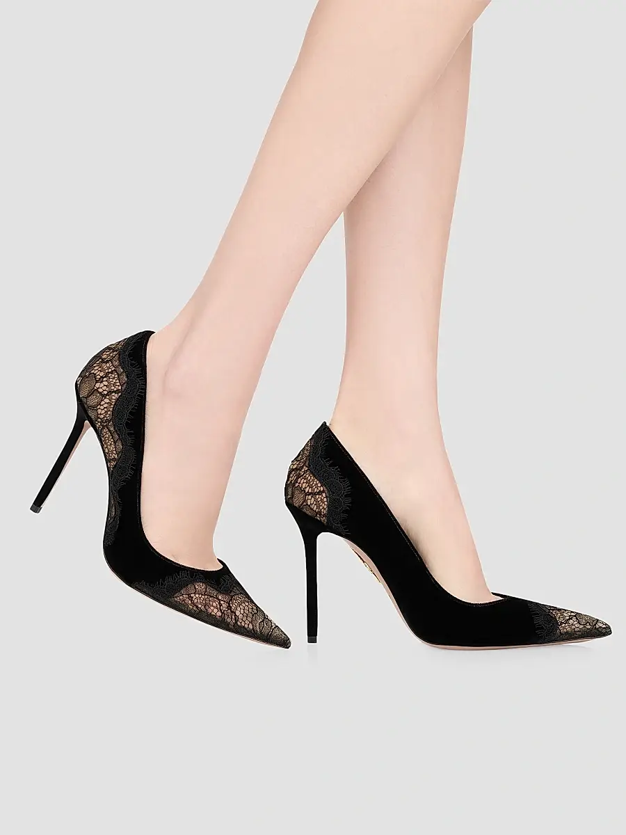Aquazzura Women's Meadow 105MM Lace & Suede Pumps - Black | Thumbnail 2
