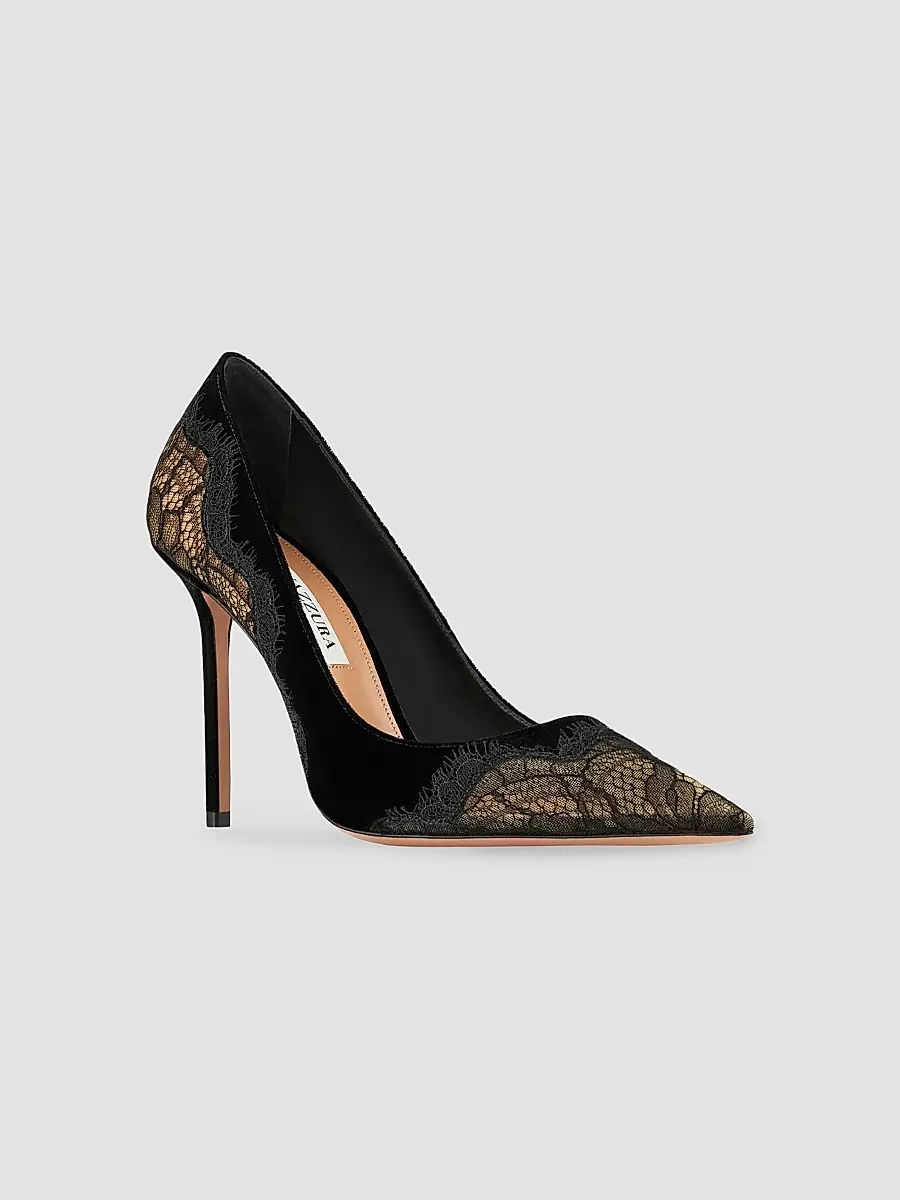 Aquazzura Women's Meadow 105MM Lace & Suede Pumps - Black | Thumbnail 3