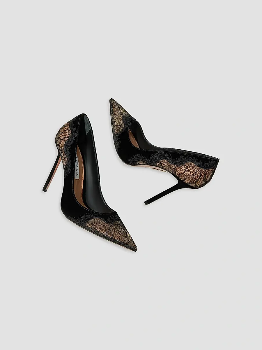 Aquazzura Women's Meadow 105MM Lace & Suede Pumps - Black | Thumbnail 4