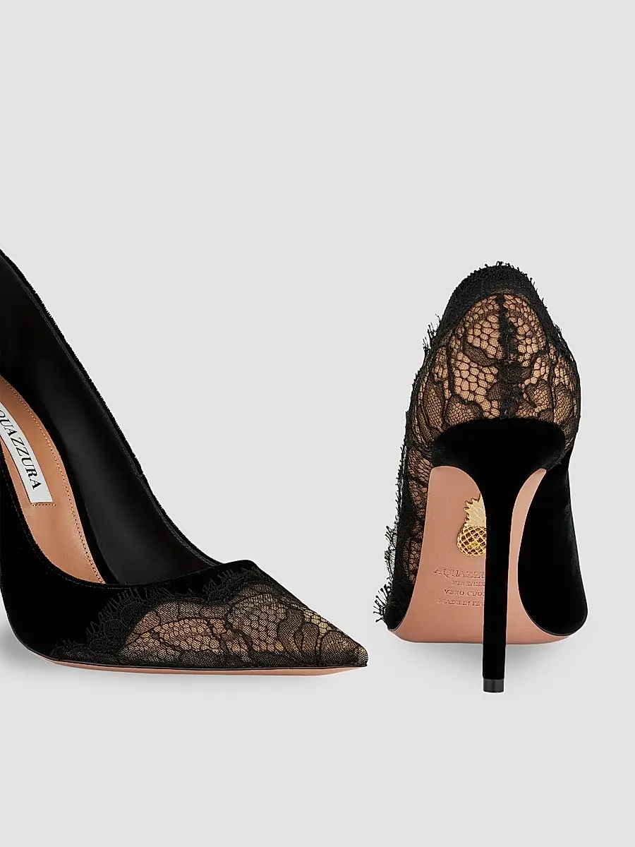 Aquazzura Women's Meadow 105MM Lace & Suede Pumps - Black | Thumbnail 5