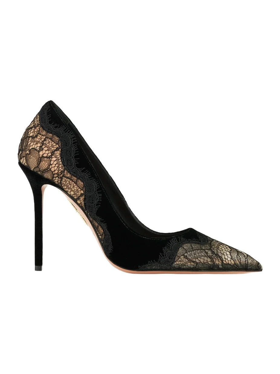 Aquazzura Women's Meadow 105MM Lace & Suede Pumps - Black